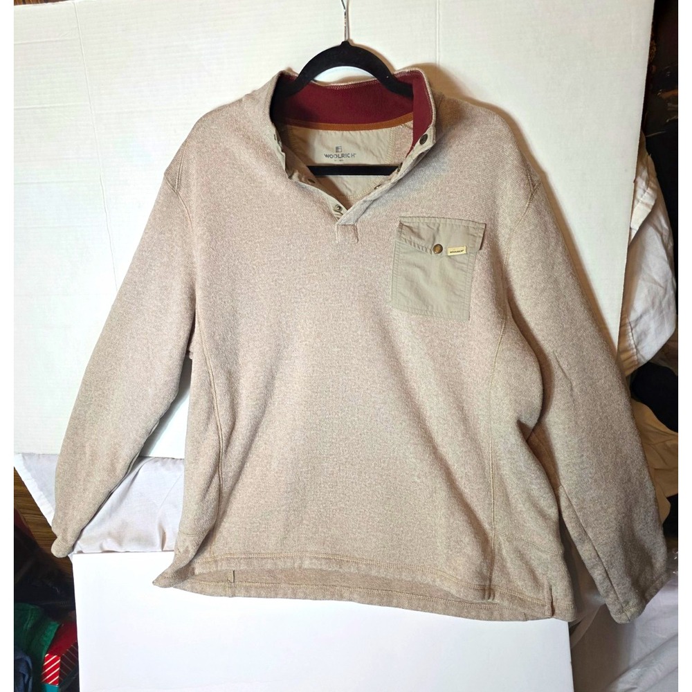Woolrich Mens XL Beige Cotton Knit Pullover Sweater Mock Neck Pocket Solid